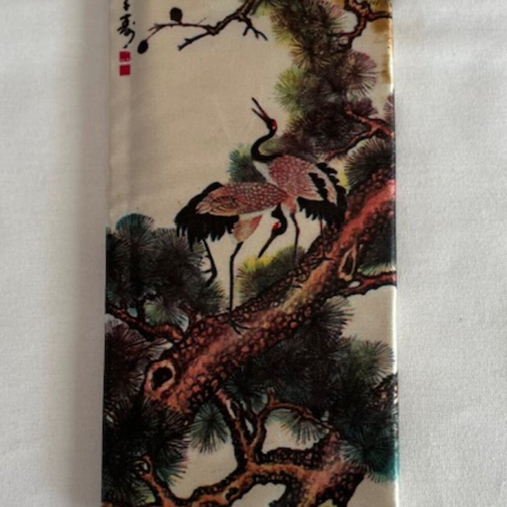 VINTAGE | Silk Screen Wallet Red-Crowned Cranes perched on Pine Tree Branches - Picture 3 of 9